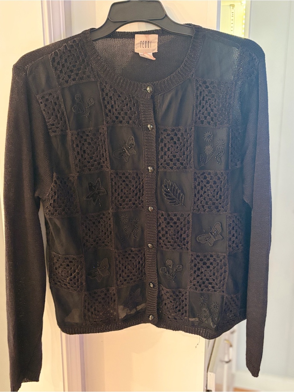 Teddi Black Embroidered & Crochet Patchwork Cardigan